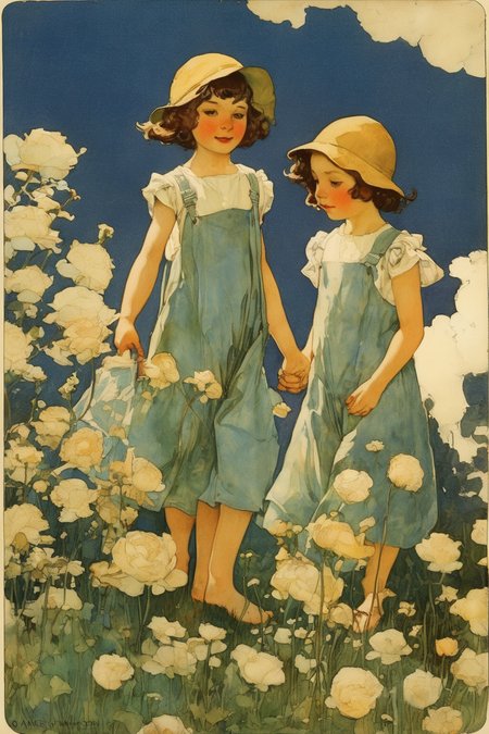 Jessie Willcox Smith Style - Novel cover, THERE was once a child, and he strolled about a good deal, and thought of a number of things. He had a sister, who was a child too, and his constant companion. These two used to wonder all day long. They wondered at the beauty of the flowers; they wondered at the height and blueness of the sky; they wondered at the depth of the bright water.