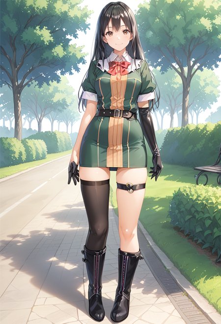 1girl, solo, park, full body,   <lora:KC_03HC_chikuma_pony:1> chikumakc, black hair, long hair, brown eyes,        chikumadefkc, green_dress, pencil skirt, short sleeves, red bow, bowtie, single glove, elbow gloves, black gloves, black thighhighs, single thighhigh, thigh strap, black boots,, score_9,score_8_up, score_7_up, source_anime, masterpiece, best quality,  official art, official style, game cg, megami magazine, rating_safe, rating_questionable, <lora:Fixhands_anime_bdsqlsz_V1:0.75>, NEGATIVE_HANDS