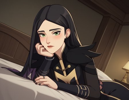 score_9, score_8_up, score_7_up, source_anime, <lora:dragon-prince-claudia-ponyxl-lora-nochekaiser:1>, claudia, long hair, black hair, green eyes, lips,, long sleeves, dress, jewelry, earrings, nail polish, black dress, black nails,, indoors, bed, bed room, on side, blush, drunk, looking at viewer, solo, cowboy shot, dutch angle
