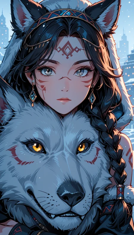 masterpiece, Shinkaistyle, STYLE_PONYXL_guweiz_ownwaifu,
pinkretroanime, retro art,
Cyberpunk Style, cyberpunk, science fiction, hi tech, future tech, neon, (Cybernetics:1.25), (Neon Cityscape:1.4), (lineless:1.5), smooth edges, (lighten the face:1.5), tall body, slender body, fit body, long legs, The image showcases a vibrant and detailed scene that seems to blend elements of fantasy with a modern gaming aesthetic. At the center of the composition is a Native American-inspired female character, adorned in traditional attire that includes a headdress and earrings, reminiscent of tribal designs. Her hair is styled into an updo with feathers interwoven, and she wears a dress with intricate beadwork, complemented by a red and white pattern that could suggest a connection to her culture or tribe. She holds a wolf close to her chest, the animal being a significant aspect of her outfit and character design. The wolf is also styled in Native American fashion, with a prominent headdress adorned with feathers that echo the character's own. The character is positioned slightly off-center, looking directly at the viewer with an expression that could be interpreted as determined or resolute. She stands against a backdrop of snowy trees, which are further accentuated by the presence of icy blue snow on the ground. The snow reflects the light from above, hinting at the cold weather and suggesting a winter season. In terms of lighting, the image is bathed in soft white light, which casts gentle shadows and creates a serene atmosphere. Despite the harsh natural environment suggested by the snow and trees, there is a warm glow to the scene that might indicate a safe or sacred place. The image could be part of promotional material for a video game due to its artistic style and the way it presents a character who could be a playable avatar within the game. The character's pose, along with her attire and the presence of the wolf, suggests that she is a warrior or a guardian in this imagined world. The image does not contain any text or additional graphics that would suggest immediate action or specific details about the character's surroundings beyond the snowy landscape. The overall scene is one of tranquility and connection to nature, with no sign of immediate danger or conflict., 1girl, solo, long hair, looking at viewer, short hair, bangs, brown hair, black hair, hair ornament, holding, animal ears, bare shoulders, brown eyes, jewelry, closed mouth, green eyes, yellow eyes, upper body, braid, earrings, outdoors, detached sleeves, solo focus, day, hood, necklace, blurry, black eyes, dark-skinned female, lips, parted bangs, grey eyes, fur trim, single braid, hug, blood, mask, copyright name, depth of field, blurry background, headband, animal, facial mark, expressionless, wolf ears, portrait, snow, close-up, dog, serious, blood on face, snowing, forehead mark, realistic, nose, headdress, facepaint, holding animal, winter, straight-on, fur, wolf, bodypaint, tribal, animal hug, tooth necklace, pelt