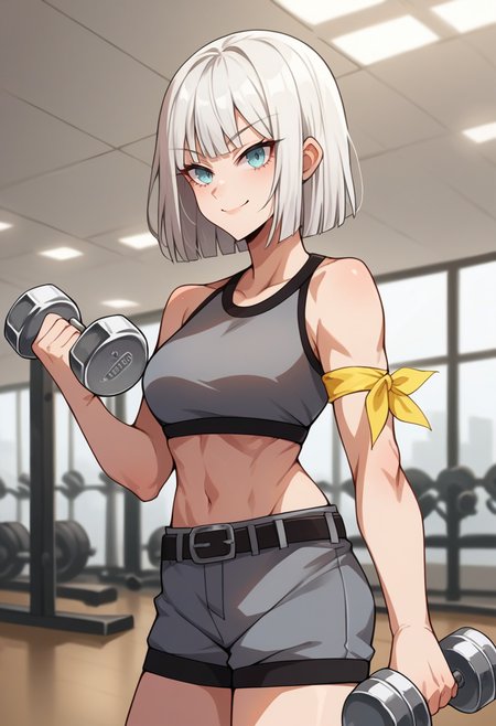score_9, score_8_up, source_anime, 1girl, solo, GinaBoyd, short hair, bob cut, white hair, grey sports bra, belt, grey shorts, yellow armband, indoors, holding dumbbell, smile, <lora:ChamGinaBoydPonyXL:1>