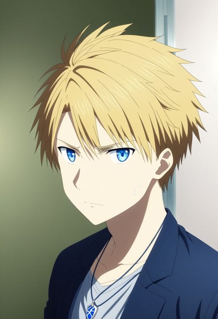high resolution, solo, best quality, 1Boy, Yamato Ishida, Blond Hair, Blue Eyes, Necklace, school, school uniform, OverallDetail