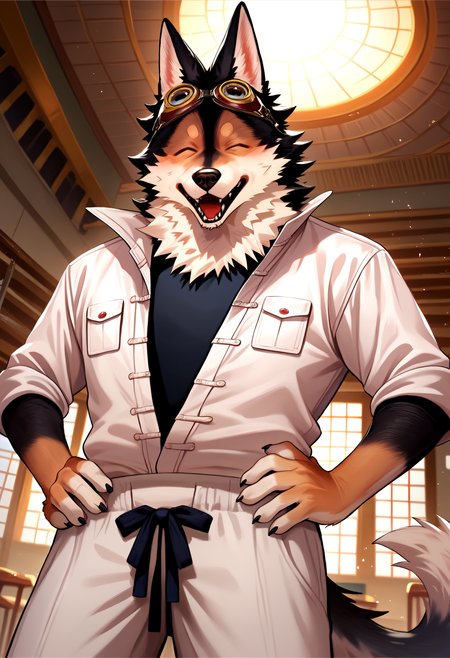 score_9, score_8_up, score_7_up, 8k, detailed design, detailed background, detailed characters, masterpiece, anthro only, furry only, 1boy, solo,  <lora:Yoki-000002>,yoki, yoki_kurogane, black shirt, 1boy, furry male, goggles on head, pants, open shirt, goggles, dog boy, boots, black fur, dog ears, looking at viewer, closed eyes, hands on hips,  dynamic angle,    inside, building, sunny, sun,