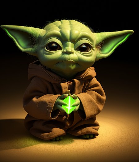 baby yoda sitting in the dark with a single spotlight on him, (SEMI-SILHOUETTE light:1.1), (raytracing:1.1), (cryengine:1.1), (skin detail:1.1),(photrealistic:1.1)