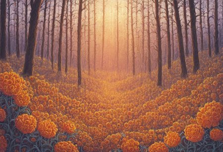 aesthetic, symmetric,  forest, intricate vines, sunset,  flowers, orange peel