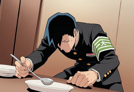 masterpiece, best quality, <lora:age_slider_v4:4>,detailed_background,indoors,closed eyes,1boy,hyeon 0613,male focus,school uniform,armband,ekubo \(mob psycho 100\),sweatdrop,gakuran,absurdres,kneeling,holding,highres,holding spoon,hair over one eye,mob psycho 100,possessed,kageyama ritsu,spoon,black hair