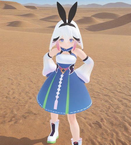 <lora:ãã­ãã·ã´ã£ã¼Puroto_ShivÄ«:1.2>,1girl,
ãã­ãã·ã´ã£ã¼(Puroto ShivÄ«),blue eyes,multicolored hair,white hair,pink sidelocks, short hair,bangs,
bunny ears,hairband,
blue dress,bare shoulders,strapless dress,
detached sleeves.see-through,white sleeves,
white boots,
desert, vast dunes, clear blue sky,
animated,very awa, masterpiece, best quality, highres, absurdes,amazing quality,very aesthetic,intricate details,scenery,
<lora:hand 5.5:0.8>