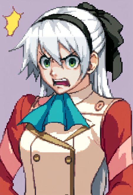 score_9, score_8_up, score_7_up, source_anime, BREAK, solo, 1girl, looking at viewer, <lora:Ace-Attorney-Portraits-pdxl_Fp:1>, portrait, pixel art, simple background, upper body, <lora:elie-pdxl-nvwls-v2:1>, zeroElie, black hairband, hair ribbon, long hair, ascot, uniform, long red sleeves, white dress, white hair, green eyes, angry, surprised,