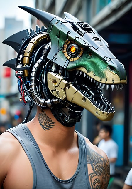 a man with cybernetic dino head, <lora:excybertechsdxl:0.7>, excybertechsdxl, best quality, masterpiece, cyborg, mechanical parts,