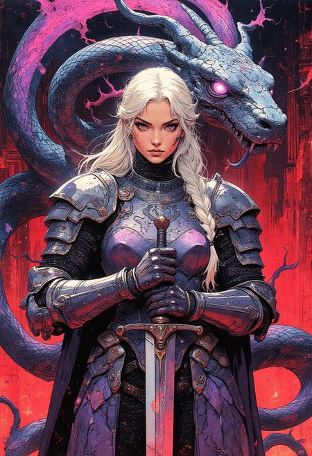 Digital illustration in a stylized, semi-realistic art style featuring a knight and a large snake, enhanced with abstract optical illusions in layered collages. The knight, a woman with a fierce, determined expression, is clad in full armor with intricate, flowing patterns in shades of deep purple, crimson, and silver. Her long, white hair is tightly braided and falls over her shoulder. She grips a sleek, silver sword with both hands, positioned firmly in front of her chest. Her armor, adorned with sharp, angular geometric designs, radiates a sense of resilience and protection.  
Behind her, a massive serpent with a sinister gaze coils through the background, its glowing violet eyes locked onto the knight. Its body shimmers in a blend of deep blue, magenta, and silver accents, with an extended forked tongue adding a sense of menace. The background consists of fragmented abstract collages in swirling, optical illusion patterns, blending deep reds, purples, and iridescent silvers to distort perception and create a hypnotic effect. The snake’s scales have a glass-like reflective sheen, sharply contrasting with the rugged metallic armor of the knight.  
The composition is dynamic, with the knight and serpent locked in an almost mythic confrontation. The abstract illusions weave through the scene, blending reality and distortion, enhancing the sense of power, mystery, and danger.