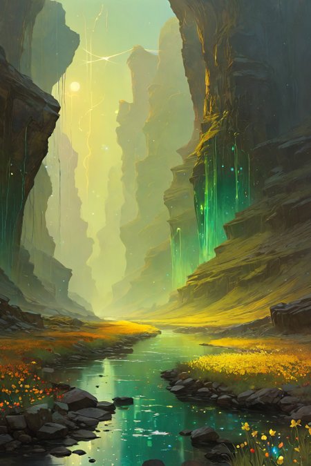 Landscape,Landscape creator,A Crack in Realityto other world,  A glowing meadow where flowers hum with energy river of molten glass,  star nurseries visible in daylight, Colonies of carnivorous orchids digesting light spectra, solstices emitting gravitational sonar pulses, electromagnetic rains aligning iron sands into spirals, Art painting by Jeremy Lipking and Akira Toriyama and John Atkinson Grimshaw, featured on Maciej Kuciara,,
<lora:extremely_detailed:0.7> extremely detailed ,
<lora:add-detail-xl:0.7>,
 <lora:softdigital2x2:0.15>,
 <lora:EpicF4nta5yXL:0.3>,, Magic realism painting art style, surreal compositions, vibrant colors, blurs the line between reality and fantasy