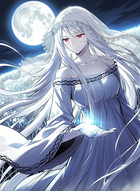 <lora:Yuridika__Doom_Breaker__Illustrious:1>
1 girl, red eyes, pale skin, hair between eyes, white hair, very long hair, bangs
white dress, veil, collarbone, wide sleeves, long sleeves, bare shoulders,
score_9, score_8_up, score_7_up, very aesthetic, source_anime, detailed, high quality, beautiful, masterpiece, detailed eyes, field, blurry background, pose dynamic angle, upper body, cowboy shot, light smile, looking back, reaching out, floating hair, night, silver moon