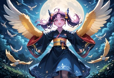 best resolution,score_9,score_8_up,score_7_up,score_6_up,score_8,score_7,score_6,best quality,masterpiece,source_anime,1girl,solo,kawaii,cute,winged_arms,A majestic harpy with dark feathers and glowing red eyes,wearing black japanese kimono,flying soaring through a stormy night sky.moonlight, starlight, firelight,wise,moonlit night sky,wind,cowboy shot,focus on face,dynamic shot, Expressiveh,eyesHD,high gradient eyes,detailed eyes,high definition eyes, <lora:Eyes_High_Definition:0.25> <lora:Expressive_H:0.75> <lora:winged_arm_style:0.85>