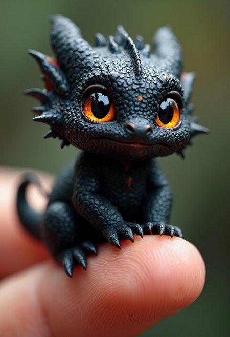 The tiniest and cutest fluffy creature The dragon sits on the tip of a finger, huge black ð, photorealism, beautiful, aesthetic, professional photo, realistic, high resolution, close-up, high detail