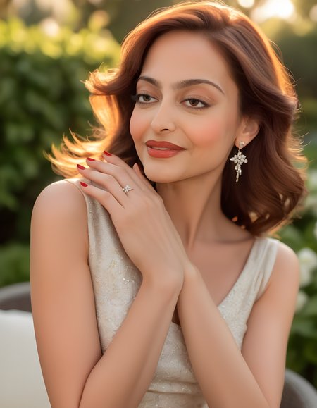 In the soft glow of a late afternoon sun, a radiant woman with brown hair cascading down her shoulders is captured in a close-up portrait. Dressed in an elegant am832rrb dress that accentuates her silhouette, she exudes confidence and warmth, her eyes sparkling with genuine joy. Her delicate earrings glint in the sun, and her well-manicured hands rest gently on the dress, displaying a flawless manicure. A hint of red nail polish and lipstick adorns her fingers and lips, adding a pop of color to the otherwise monochromatic outfit. The background is a subtle blur of vibrant blooming flowers and lush greenery, suggesting an outdoor garden setting, further emphasizing the serene and peaceful atmosphere surrounding this captivating subject.