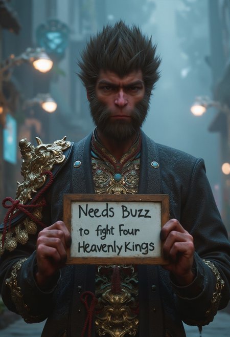 wukong full body and holding a sign that reads "Needs buzz to fight back Four Heavenly Kings", 4K resolution, Cyberpunk, Surreal Cyberpunk Art Style, Influenced by Deviantart and Ghost in the Shell anime