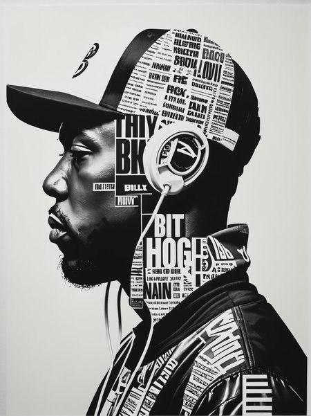 silkscreen print,double exposure shilloutte b&w collage ,hip-hop style,simple,intricate,artstation,Anthony Burrill<lora:add-detail-xl:1>