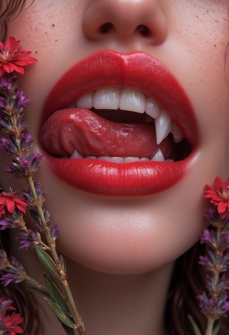 Midjourney_Whisper,A close-up of a woman's lips. She has detailed skin and a very long demonic tongue. Her tongue is long and forked like a snake. Her tongue is curly and are touching her plump lips, lip filler, vibrant red blood lavenders flowers  symbolizing beauty and growth. big lips, bimbo lips, The flowers are red like blood blending harmoniously with the natural lip color. Vampire teeth, vampire fangs, long fangs. The scene is highly detailed, with a focus on the soft texture of the lips and the rich. The background is softly blurred, drawing attention to the blooming effect around the lips.
