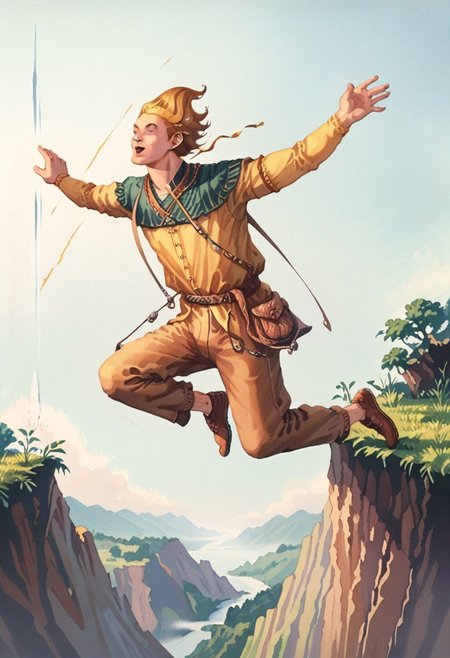 score_8, score_8_up, score_7_up, oblivionarts, 1boy, male focus, solo,  adoring_fan, (((jumping off a cliff))), simple background,
