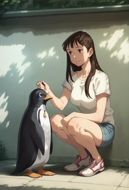 score_9, score_8_up, score_7_up, score_6_up,  cowboy shot,1girl,  squatting ,petting, penguin,  onee_ph,  long hair, brown hair,  purple eyes, smile,  <lora:onee_ph:1> <lora:zy_Detailed_Backgrounds_v1:0.5> depth of field, extremely detailed , detailed background, clutter, outdoors