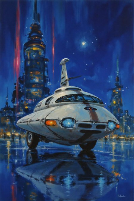 jober1 illustration.
sydme1 painting 
a futuristic, high-tech environment. The scene is dominated by a sleek, silver, futuristic vehicle labeled "EMERGENCY 20" with a distinctive, angular design, featuring a large, curved windshield and glowing blue lights. The vehicle is positioned in the foreground, slightly to the right, on a reflective, wet surface that mirrors the surrounding neon lights.  <lora:jober1_cap_d6a3e12:1.0><lora:819136218810908465:0>