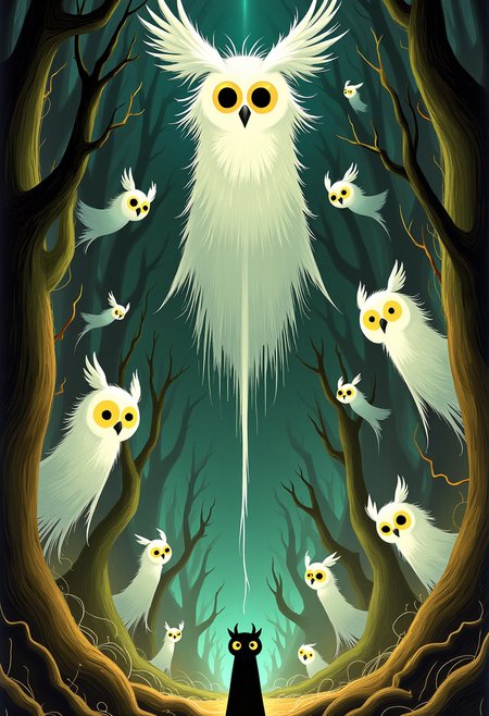 WackyScratchDaal  A parliament of ghostly owls wearing centuries-old carnival masks, floating silently through an underground cathedral of roots and forgotten lullabies; each owl holds a thread of someoneâs dream memory in its talon; drawn in a blend of silent film expressionism and the textured brushwork of oil-on-canvas.