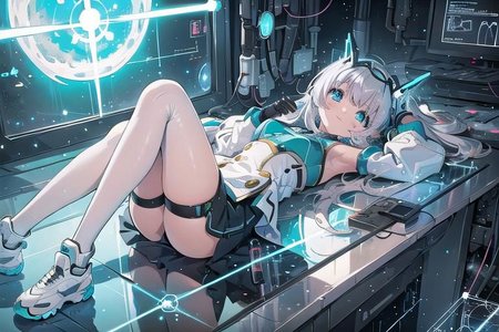 (masterpiece), (science fiction:1.4), 1girl, lying on the back on a mirror, lying on the back on a mirror, lying on the back on a mirror, smile, silver hair, aqua eyes, headgear, long sleeves, detached sleeves, glowing energy clothing, light particles, energy particles, perfect hands, perfect legs