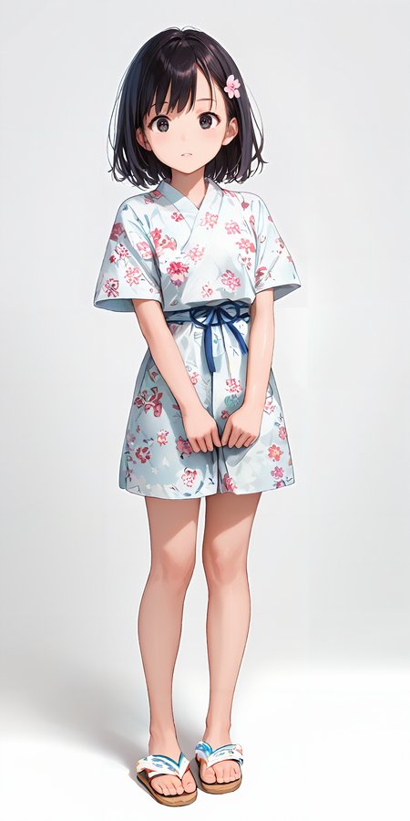 score_9, score_8_up, score_7_up,source_anime, high res image,masterpiece,best quality,girl,cute face,clear skin,shiny hair,ultra detailed eyes,simple background, 
 <lora:jinbei_Pony_V1.0:0.7> jyojifuku, floral print, short sleeves,sandals