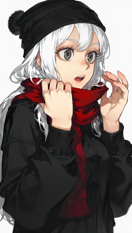 1girl, hat, long hair, long sleeves, open mouth, scarf, simple background, solo, upper body, white background, white hair, <lora:Solara:1>