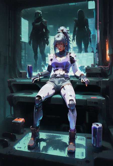 (guweiz:0.8), (sasha khmel:0.4), (xilmo:1) 
best quality, masterpiece, flat colors, uncensored, black outline, (realistic:0.85), detailed,
BREAK (mature:1.1), adult, 1girl,  
highly detailed, hyper-realistic, futuristic, cyberpunk, pingtu style, illustration-fen, niji, gothic, erotic, anime) digital illustration featuring a young woman with a blend of human and cybernetic angelic traits. Fair skin, dark messy high ponytail, large expressive eyes. Slender, athletic physique with a toned build. Wears lavender crop top with cyber circuitry, glowing bio-luminous lines. High-waisted charcoal gray denim shorts with neon-lit straps. Left leg adorned with a cybernetic tattoo sleeve, glowing toxic green, bright orange, teal, and gold hues. Sits on metallic cyber crates emitting neon glow, right leg bent, left extended. Right hand grips an ornate cyber sword with a glowing teal energy blade, left hand resting on thigh with chrome-plated cyber fingers. Chrome combat boots with mechanical joints, chrome belt with glowing interface, fingerless gloves with embedded micro-screens. Background features a surreal cyberpunk collage filled with futuristic decor. Neon-lit posters, floating holographic screens, glowing robotic sculptures, bio-mechanical plants pulsing light. Walls covered in glitch-art panels, digital graffiti shifting in real time. Floating data pads, energy drink containers, neon-outlined furniture with scattered cyber accessories, sleek lounge seating with holographic interface. Soft pastel cyber-lighting contrasts with neon details, blending toxic colors into cyberpunk and surreal fantasy aesthetics. <lora:Vo1d_Sp3ctrum-final-v1:0.6> <lora:ck-Sci-Fi-Concepts-IL-000015:0.55> <lora:ck-70s-scifi-IL-000013:0.5> <lora:ck-nc-cyberpunk-IL-000011:0.55> <lora:retro_scifi_artstyle_illustriousXL-000021:0.420001220703125> <lora:0__11Xx:0.75> <lora:Detailer_NoobAI_Incrs_v1:0.9> <lora:FlatAndGritILXL:0.7>