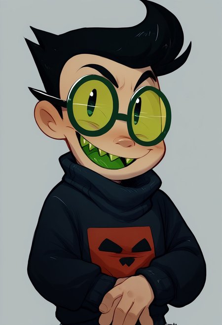 score_9, score_8_up, score_7_up, CuteCartoonStyle, highly detailed, cute boy, 1boy, solo, teasing, seductive smile, 
covering, covering crotch
Sharp Teeth, Green Tongue, NergalJR, Black Hair, Green Tinted Glasses