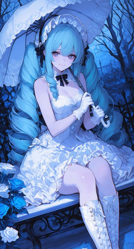 masterpiece, best quality, Good quality, very aesthetic, absurdres, newest, 1girl, solo, long hair, looking at viewer, smile, gloves, dress, holding, bow, ribbon, closed mouth, cleavage, bare shoulders, very long hair, sitting, twintails, blue hair, flower, hair bow, outdoors, Medium breasts, frills, boots, sleeveless, hand up, white gloves, white dress, tree, grey eyes, sleeveless dress, black ribbon, aqua hair, rose, umbrella, white footwear, drill hair, frilled dress, white flower, white bow, knee boots, white ribbon, twin drills, blue flower, cross-laced footwear, blue theme, holding umbrella, fence, chromatic aberration, lace-up boots, bench, blue rose, white rose, bonnet, bare tree,white umbrella, Dutch Angle <lora:ponyv4_noob1_2_adamW-000017:0.7> <lora:748cmSDXL:1> <lora:GBF_Illustrious:0.6>
