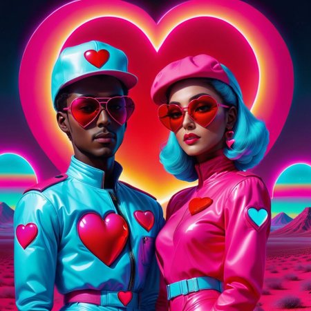 <lora:NeonHeartv4:0.8> Neon Heart,  husband and wife, futuristic expensive attire, wearing stunna shades with mirror tint.