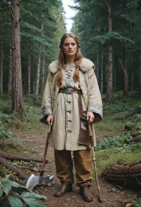 score_9, score_8_up, score_7_up  zPDXL3  (desirable young woman:1.1) viking, wearing Norse explorer attire with fur-trimmed coat, linen tunic, hide belt, woolen trousers, hide boots, fur hat, throwing axe .set in Viking Battlefield, Dense forest clearing with ancient trees looming overhead, fallen logs serving as impromptu barriers, war cries muffled by the thick foliage, flickering torchlight casting eerie shadows, the crunch of leaves underfoot amidst the chaos of battle    zPDXLrl