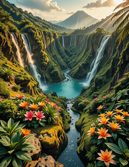 A breathtaking view of an ancient, dormant volcano now transformed into a lush, vibrant natural sanctuary. The crater is filled with dense tropical forests, colorful exotic flowers, cascading waterfalls, and mist swirling gently in the morning light. Vines and moss cover the dark volcanic rocks, and small streams wind down the slopes. while rays of sunlight pierce through the dense canopy, creating sparkling reflections on the water. The atmosphere feels peaceful, enchanted, and untouched by humans. The scene is depicted in an ultra-detailed, hyper-realistic style, with warm, soft lighting and rich, saturated colors that enhance the magical and serene mood of the landscape.
<lora:SDXLFaeTastic2400:0.4> <lora:extremely_detailed:0.4> extremely detailed,dormant v0lc4n0, <lora:dormant_v0lc4n0-i:1>, Masterpiece,best quality,hi res,8k,hi res,8k,award winning,(sharp focus, intricate, highly detailed),