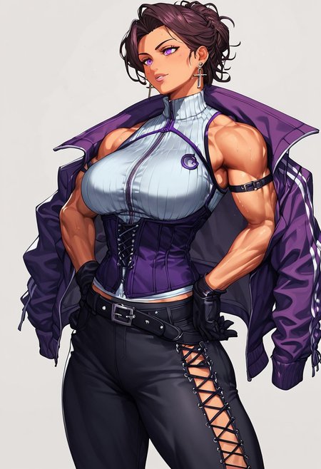 rinotuna, score_9, score_8_up, score_7_up, score_6_up, Expressiveh BREAK mature woman, dhdnoi, muscular female, obliques, purple jacket, track jacket, black gloves, purple pants, earrings, cross-laced clothes, corset, arm strap, black pants, black belt, earrings