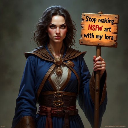 a angry  wizard   woman holding a wooden sign saying "  stop making NSFW art with my lora"