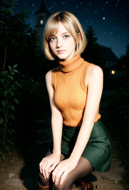 embedding:Stable_Yogis_Illustrious_Positives, RAW photograph, photorealistic, masterpiece, 1girl, solo, blonde hair, bob cut, green eyes, turtleneck sweater, orange sleeveless sweater, green skirt, pantyhose, outdoors, night, hands on knees, brown boots, looking at viewer, leaning forward, closed mouth,