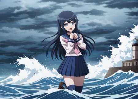 <lora:Sayaka_Maizono_SDXL:1>,  (((blue socks))), This anime screencap is from Danganronpa the Animation.  (((blue socks))), Sayaka Maizono wearing her uniform from Danganronpa 1. She has her long blue hair down. She is wearing the white and blue Hope's Peak Academy uniform with a bright white top. Her sleeves reach her wrists.  She's wearing a light pink ribbon.  She has a short, pleated, blue skirt. Sayaka Maizono wears navy blue thigh-high socks. Her footwear is dark brown Mary Janes shoes. Sayaka Maizono is enacting a crouching . Sayaka Maizono's expression is expression filled with desire . Sayaka Maizono is interacting with  lighthouse,storm,waves,ocean,turbulent water,crashing waves,sea spray,tower,stone building,rough sea,dramatic,powerful,nature,coastal,dangerous,extreme weather,water,maritime,circular tower,sea foam,turquoise water,weathered structure,isolated,perilous,atmospheric