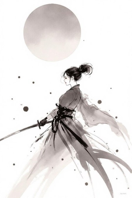 nijiwc1 Ink brush style illustration. 
 nijiwc1 ink wash brush style illustration of a female Japanese samurai warrior wielding a katana, blending form with reality. Glitching the surreal with blurred dreams on a white background. Woven light fuses delicatly with whispering shimmers creating a eyecatching and masterpiece artwork. drifting fog, cracked light and smokey haze in floating threads finishes the dreamlike reality.
The background is stark white <lora:inkwash_niji_nocap_d6a3:1.0><lora:806968842749338186:0>