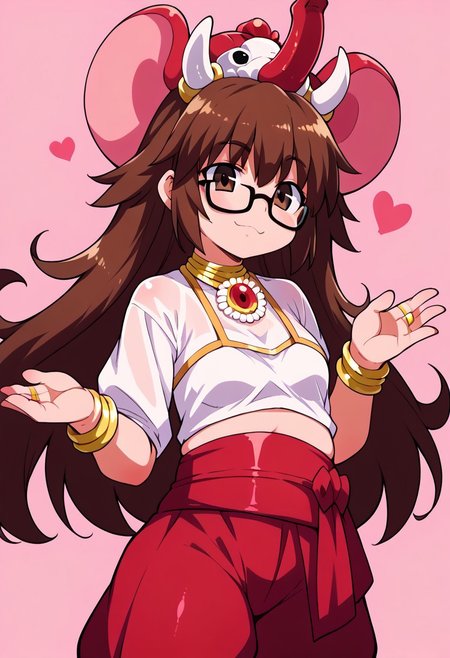 (zPDXL3),
(zPDXLxxx),
fate/grand_order, 
Ganesha, 
1girl, 
long hair, brown hair, brown eyes, messy hair, plump, glasses, bow, animal hat, arabian clothes. jewelry, bracelet, rings, harem pants, sash,
pose,
joy,