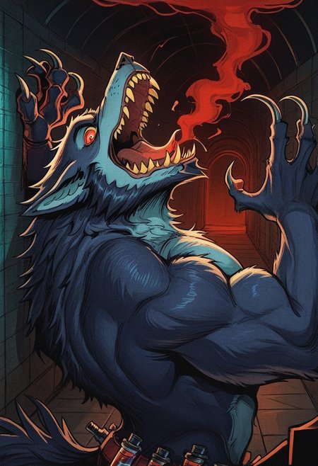 813nm0hstyle,   masterpiece, best quality, solo,                                                                                                                                                                                                                                                 warwick, closeup,  red mechanical vial tube pumps attatched on its back,  biceps. bronze claw,  sharp claws, Pointy ears, Pectorals. fangs, sharp  teeth, red eyes,  yellow scelera, sharp teeth, jaw open, sharp claws, dark-blue fur, beard.  prison hallway, red smoke, rage, dark, moody, shrouded around red mist, arms curled up, howling, rage, 