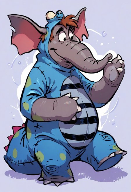 (score_9 | score_8_up | score_7_up) ((masterpiece:1))(best quality,very high quality,ultra detailed:1.2) (2D,cartoon style,anime style)(Smooth:2)(clean blurring) (four fingers on each hand,one thumb on each hand:1), 
Abu elephant, elephant, solo, brown hair, grey skin, black eyes, trunk, trunk nose, elephant trunk, elephant ears, wearing a blue dragon costume, Dragon costume, full body