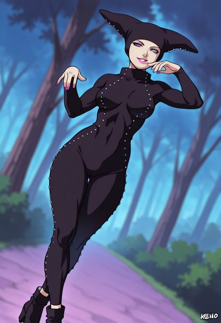 MatsuriGodTreeBTBV, 1girl, solo,  black  headwear, striped eyes, pink lips, large breast, black studded bodysuit,  striped four-pointed magenta collar,  black studded hood,  purple rinnegan, thick thighs, high-heeled ankle boots, pink nails,
,seductive pose, sexy pose, tease, 
masterpiece, best quality, ultra-detailed, very aesthetic, detailed background, very aesthetic, newest, scenery, highres, 4k, absurdres, 8k, colorful,vibrant, glowing, perfect face, 2d, perfect eyes, detailed eyes, 
 masterpiece, best quality, ultra-detailed, very aesthetic, newest, scenery, absurdres, perfect anatomy, , perfect face, perfect eyes, mature body, clear eyes, beautiful eyes, athletic, curvy body, athletic girl, perky tits, perfect tits, round breasts, pinup pose, teasing, lustful expression,
muscular female, dutch angle,
,naughty smile, 
,detailed eyes,Smooth Negative, highres, absurdres,   uncensored,