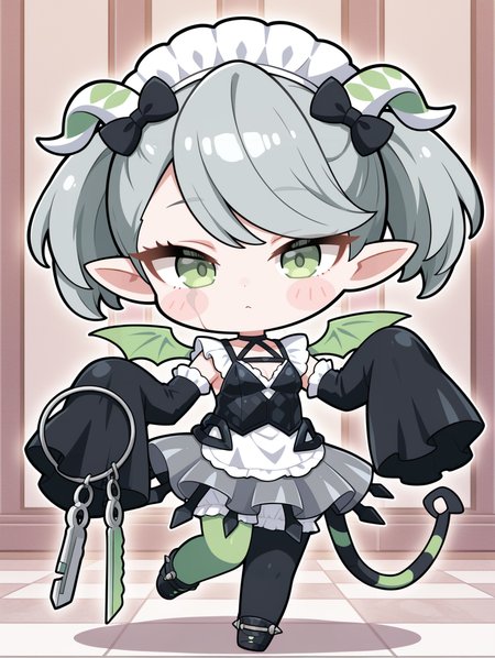 blush stickers,chibi,arianna the labrynth servant,1girl,solo,green demon wings,looking at viewer,full body,standing on one leg,small breasts,holding keyring,demon girl,white maid headdress,black hair bow,black corset,black wide sleeves,white maid dress,mismatched legwear,sleeves past fingers,black heel boots,scar on face, checkered floor, 
masterpiece,best quality,amazing quality,very aesthetic,absurdres,newest,<lora:Arianne and  Arianna the Labrynth Servant illusXL v1.1:0.75>,
