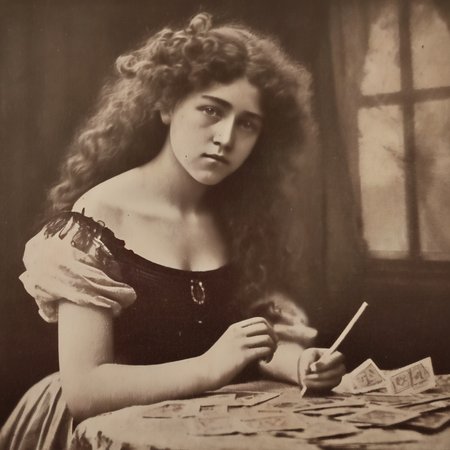 nostellum beautiful girl with curly hair spreading tarot cards <lora:nostellum:1>