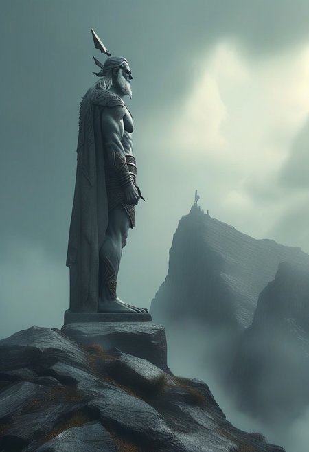Idol of Perun, the mighty god of thunder and lightning, stands on the peak of a high mountain. He is carved from stone,  with a formidable face and powerful hand, holding a lightning bolt. The mountain is shrouded in fog and storm clouds. In the style of hyperrealism, with high detail, high resolution. In the style of Art Deco. Pixel Fragmented Reality.