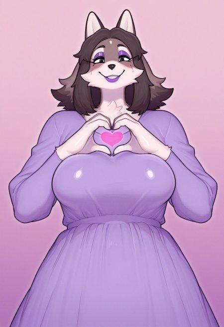 , 1girl, solo, medium build, medium hair, sfw, safe for work, covered skin, flowy dress,  black eyes, purple lipgloss, smiling, portrait, upper body, heart hands, mature female, foreshortening, detailed, newest, shiny skin, cowboy angle, solo focus, furry, anthro, furry female, medium breasts,susuigi