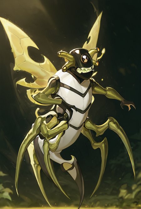<lora:stinkfly-07:1> stinkfly, solo, no humans, monster, bug, yellow insect wings, pokemon (creature),black gloves, green arms , sharp teeth, arthropod legs, 4 legs,  antennae, tail  <lora:WSSKX_WAI:1>, masterpiece, best quality, amazing quality, very aesthetic, absurdres, newest,