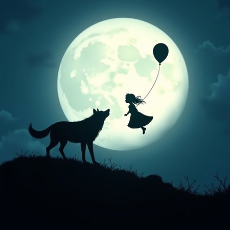 a dramatic night scene featuring layered silhouettes against a pale full moon. In the background, create a haunting silhouette of a small girl floating in the air, her dress and hair flowing in the wind as she holds onto a single balloon string. Her form should be completely black against the moon's light, creating a dreamlike, ethereal effect.
The moon should be large and dominant in the composition, appearing unusually close and taking up about a quarter of the sky. It should have a pale, slightly yellow-white glow with subtle texture details of its surface visible.
In the foreground, position a large black wolf on a slight elevation, its head tilted up towards the moon in a howling pose. The wolf's silhouette should show detailed fur texture along its outline, with its tail slightly raised and ears pointed forward. Its howling pose should create a strong, dramatic silhouette.
Colors:
Silhouettes: Pure black, sharp edges
Moon: Pale yellow-white with subtle grey surface details
Sky: Deep navy blue fading to lighter blue around the moon
Ground: Dark blue-black shadows
Style: Gothic and ethereal, combining childhood innocence with dark fantasy elements. The composition should create a sense of solitude and mystery, with the girl's floating form adding a surreal, dreamlike quality to the scene. The contrast between the dark silhouettes and the bright moon should be stark and dramatic.